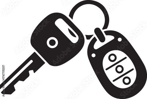Black and white icon of a car key fob and a car key automobile