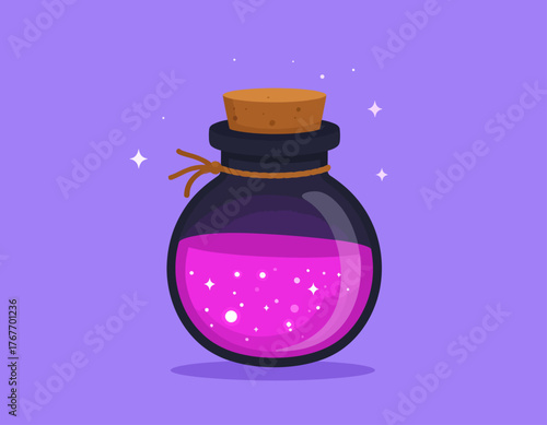 Cartoon-style illustration of a dark glass bottle with a cork stopper containing pink liquid and white sparkles against a purple background.