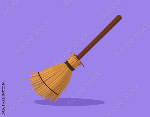 Illustration of a broom with a wooden handle and yellow bristles against a purple background with a shadow underneath.
