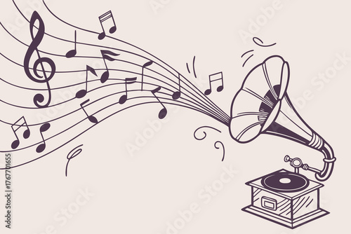 Vintage gramophone emitting musical notes and treble clef in a whimsical illustration sound retro
