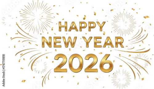 A festive golden design celebrating happy new year 2026, complete with shimmering fireworks and confetti, a bright and celebratory image