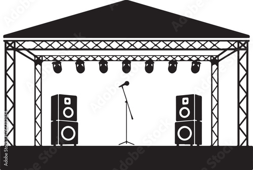 Black and white illustration of a stage with speakers and microphone concert performance
