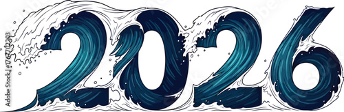 Dynamic 2026 illustration with ocean waves, symbolizing change, movement, and flow of time, a powerful design that captures energy and force of nature