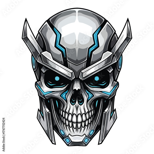 A futuristic skull with glowing blue eyes and intricate metallic details, a symbol of advanced technology and the fusion of life and machine, isolated on white background