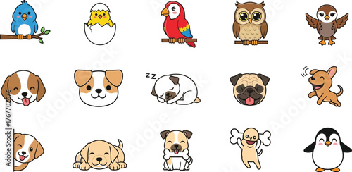 Cartoon animals bird owl dog puppy parrot penguin chick cute happy vector art