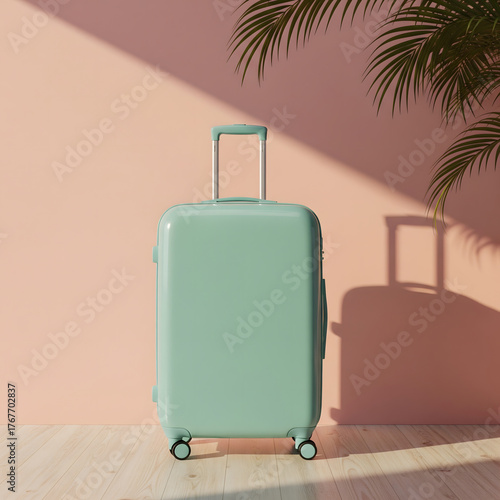 Wallpaper Mural A minimalist view of a mint green rolling suitcase standing on a wooden floor against a pink wall with palm shadow cast over it. Generative AI. Torontodigital.ca