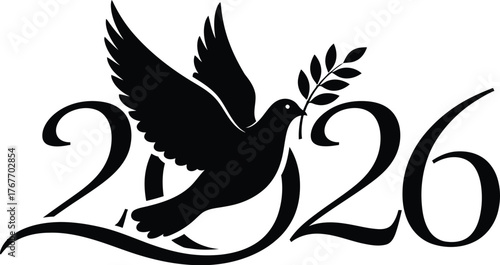 Minimalist happy new year 2026 design featuring a dove of peace, perfect for conveying hope and tranquility