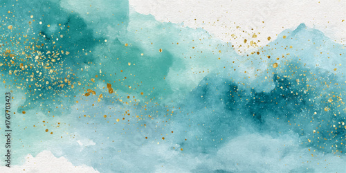 Abstract watercolor painting with flowing turquoise and aqua green washes and subtle gold accents
