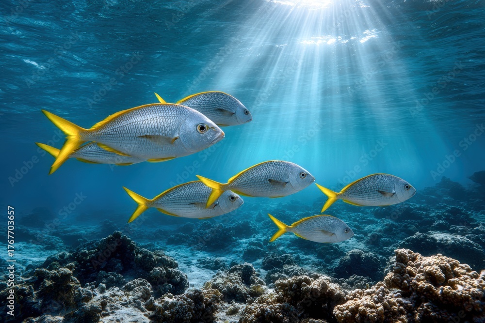Obraz premium Vibrant tropical fish swimming gracefully over coral reefs during sunny day