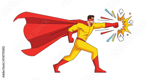 Dynamic superhero strikes with explosive energy against a white background with speed lines