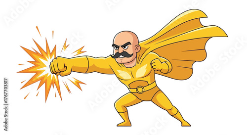 A golden superhero with a fierce mustache delivering a powerful punch with comic explosion