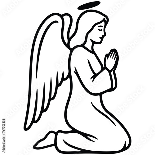 Praying Angel on Her Knees with Wings and Halo Line Art Religious Spiritual Illustration Design for Posters Cards Invitations and Web Content