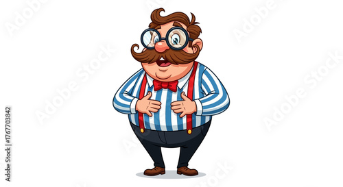 Whimsical character illustration featuring a man with glasses and a striped shirt