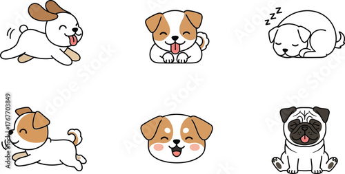 Cartoon dogs puppies cute animals pets happy playful sleeping pug jack russell