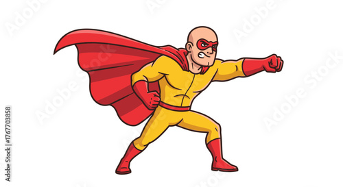 Cartoon superhero ready for action with determined expression and flowing red cape