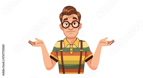 Cartoon man wearing glasses and suspenders shrugs his shoulders in confusion with a questioning look