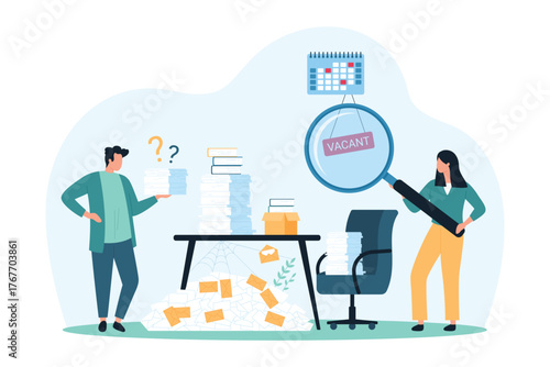 Shortage of office staff and crisis of work overload. Tiny people look through magnifying glass at Vacant sign on office workers chair, table with stack of paper documents cartoon vector illustration