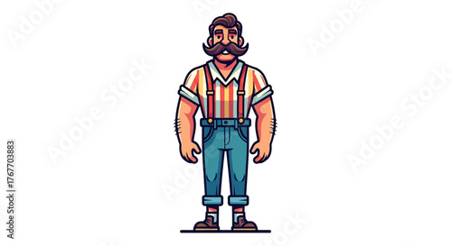 Cartoon character with a prominent mustache and retro fashion sense standing at ease