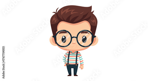 Cartoon depiction of a boy with glasses and suspenders isolated on a white background
