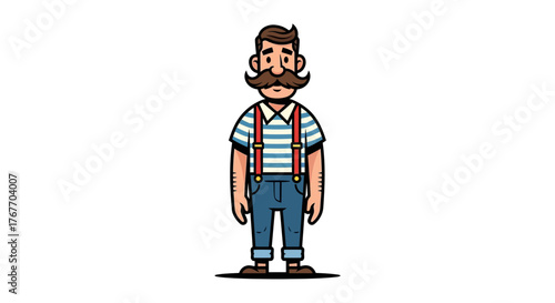 Stylized cartoon character illustration of a man with a mustache and suspenders