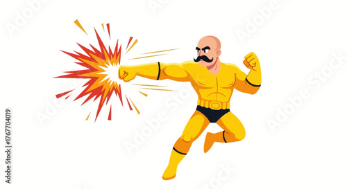 Mustachioed superhero unleashing a powerful punch with vibrant energy explosion background