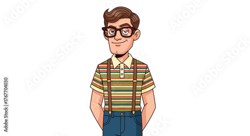 Illustrated character with retro fashion sense showcasing quirky and endearing design elements