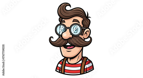 Whimsical cartoon character portrait with retro style mustache and eyewear illustration