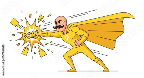 Dynamic cartoon of a superhero with a bold mustache delivering a powerful punch full of energy