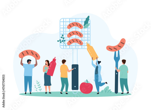 BBQ picnic party, cooking healthy hot barbecue food for dinner. Tiny people holding grill grate with dish, ketchup and mustard sauces in bottles, cooked sausage on fork cartoon vector illustration