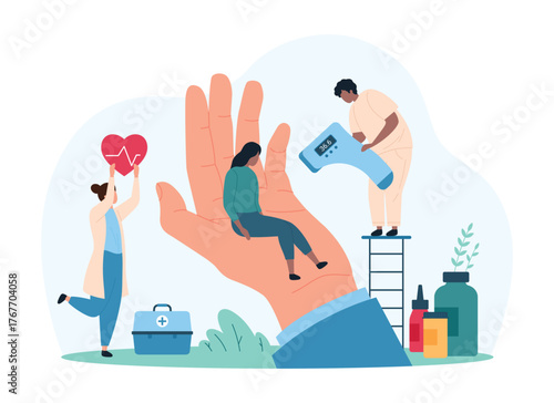 Employee health insurance, doctor services at workplace. Giant boss hand holding tiny woman, people in medical uniform holding infrared thermometer to check worker health cartoon vector illustration