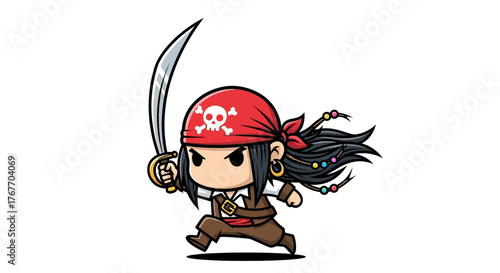 Stylized cartoon pirate character wielding a cutlass with adventurous and bold expression graphic