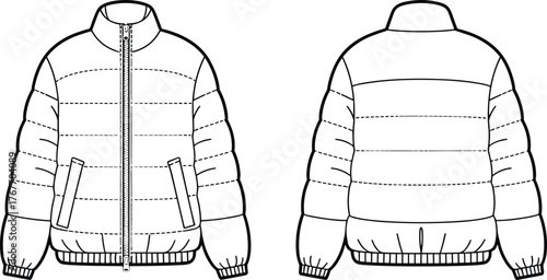 Black and white fashion sketch of puffer jacket, front and back view, quilted sections, zipper closure, ribbed cuffs, garment construction, vector template