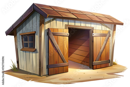 Minimal horse stable entrance with wooden door, shadow, and clean rustic texture isolated on pure white background for design composition and print use