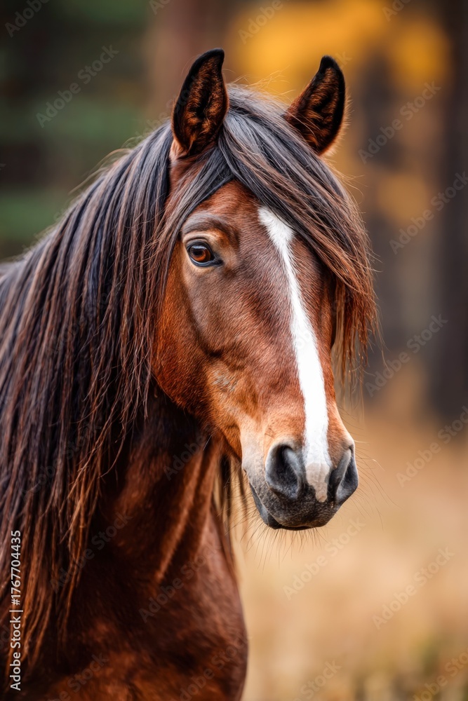 Obraz premium Beautiful horse with flowing mane enjoys daylight in a natural setting