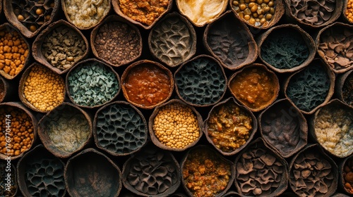 Overhead View of Ethiopian Injera with Colorful Stews Arranged