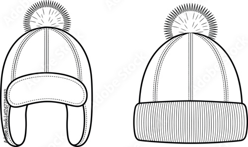 Black and white fashion sketch of winter hats, trapper and beanie styles, pom-poms, ear flaps, ribbed brim, garment construction, vector template