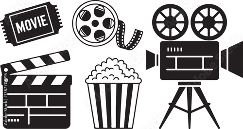 Movie ticket film reel clapperboard popcorn and camera movie camera