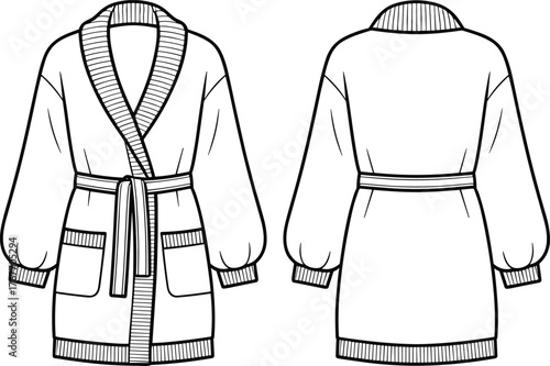 Black and white fashion sketch of women’s robe, front and back view, shawl collar, ribbed cuffs, patch pockets, belted waist, garment construction, vector template