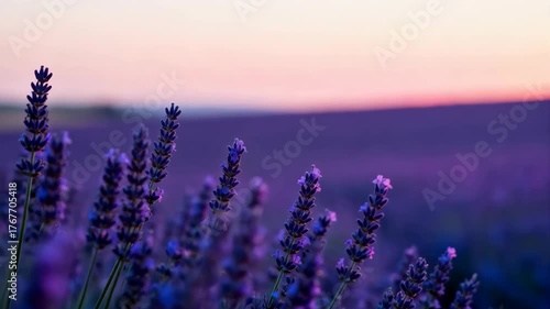 Lavender Field At Sunset With Soft Purple And Pink Sky Gentle Breeze Blowing Through Purple Flowers Tranquil Landscape