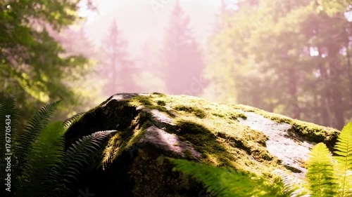 Lush Forest Clearing With Moss Covered Rock And Soft Morning Light Filtering Through Trees Creating A Peaceful Atmosphere