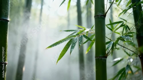 Lush Green Bamboo Forest With Morning Mist And Sunlight Filtering Through Leaves