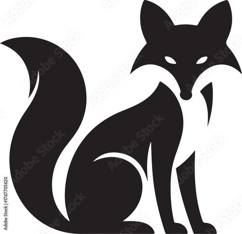 Black fox sitting with bushy tail animal white