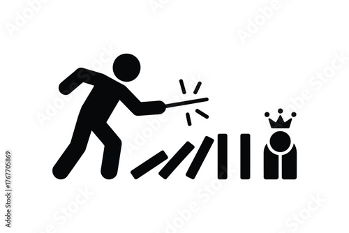 Figure with wand initiating domino effect towards king piece