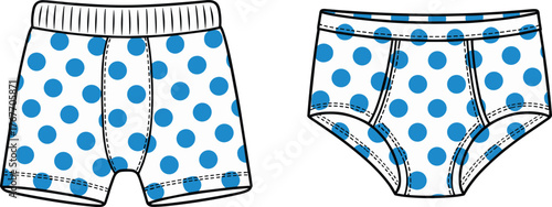 Boys’ underwear fashion flat, polka dot boxer briefs and briefs comparison, front view garment construction sketch illustration