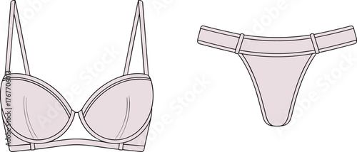 Bra and thong lingerie vector set, underwire cups, adjustable straps, minimal design, fashion flat sketch, front and back view illustration