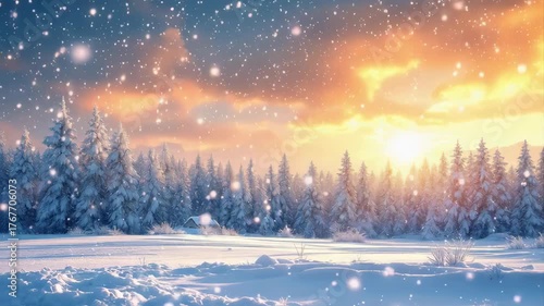 Magical Winter Forest Landscape at Sunset with Falling Snow and Warm Golden Light Illuminating Snow-Covered Pine Trees and a Distant Cabin