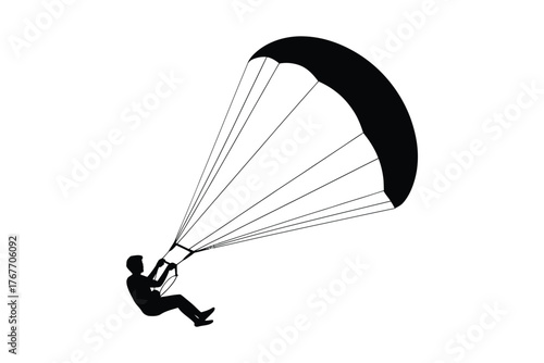 Silhouette of a person paragliding against a white background