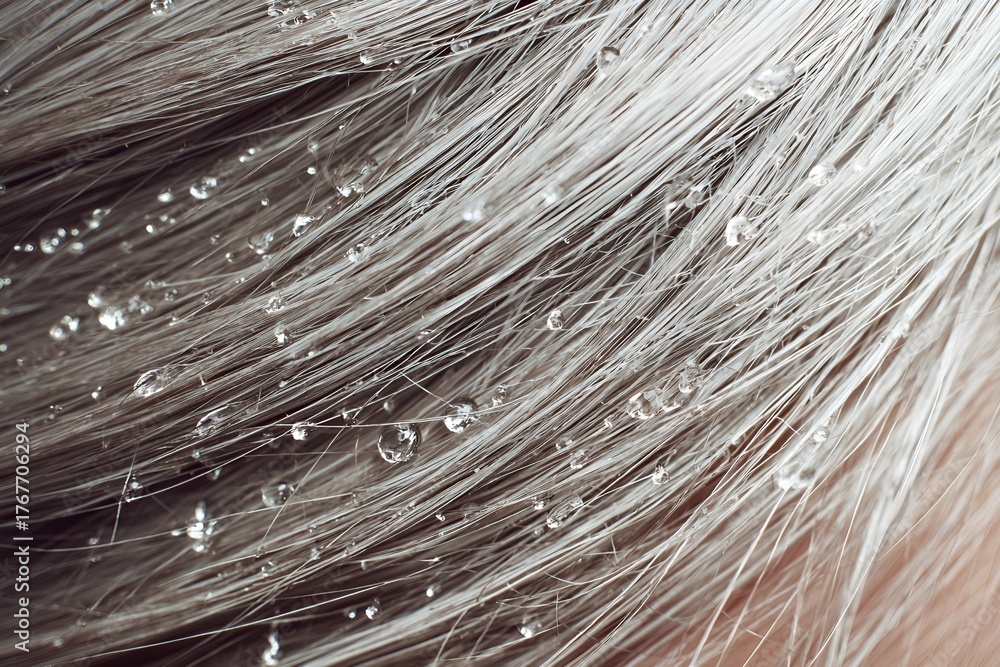 Obraz premium Wet gray hair strands with glistening water drops after washing, showing moisture, cleanliness, and fresh hygiene in a detailed macro view