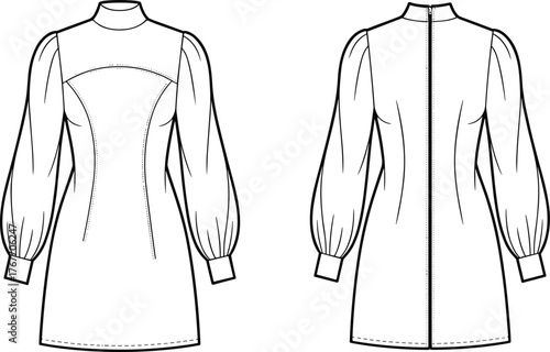 Black and white fashion sketch of mini dress, front and back view, bishop sleeves, high neckline, princess seams, back zipper, garment construction, vector template