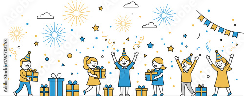 Illustration of children celebrating a party with gifts, confetti, and fireworks, creating a joyful and festive atmosphere with a linear design.